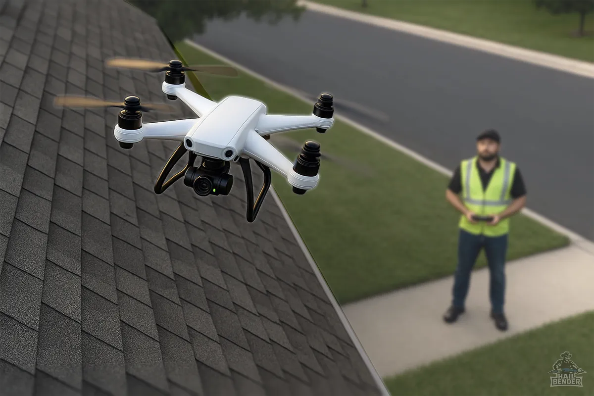 Inspector flying a drone over a residential roof