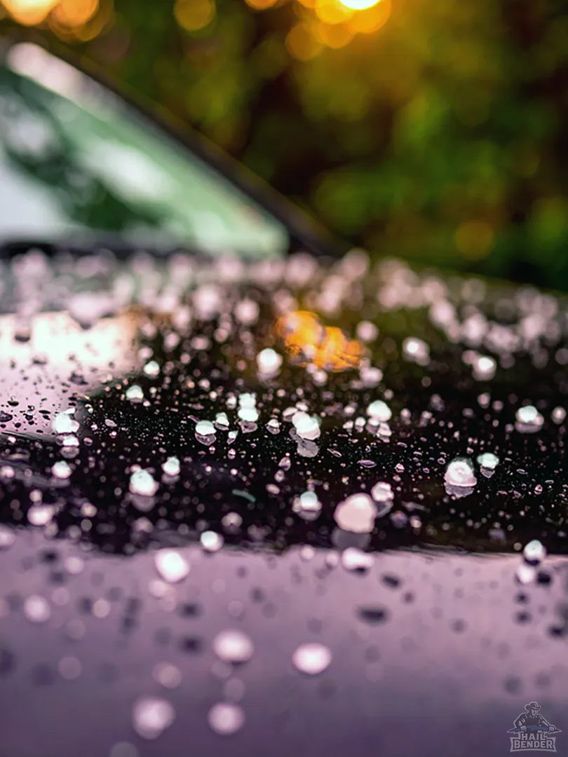 Close-up of hail stones on a vehicle panel