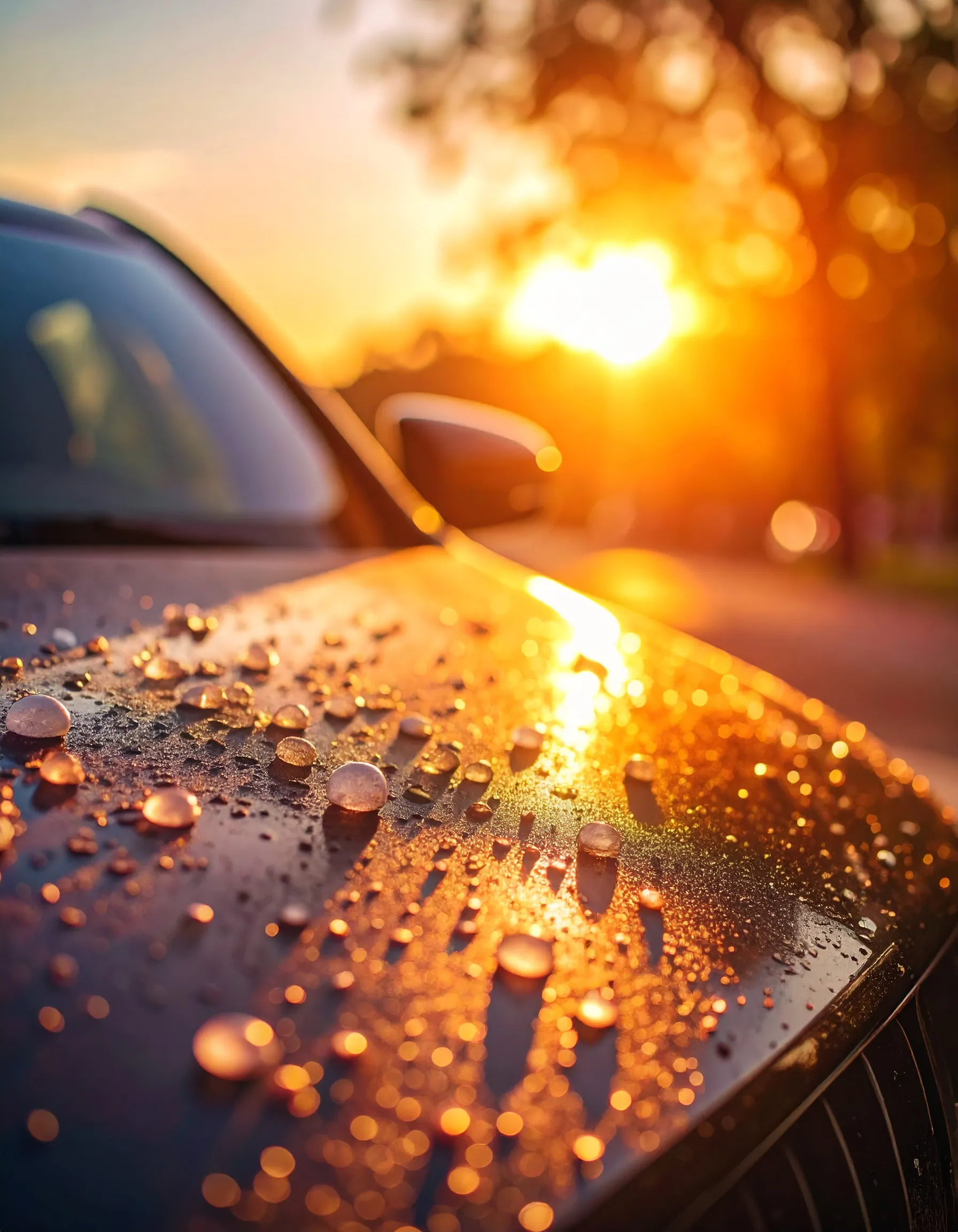 Hail stones on a car hood at sunset