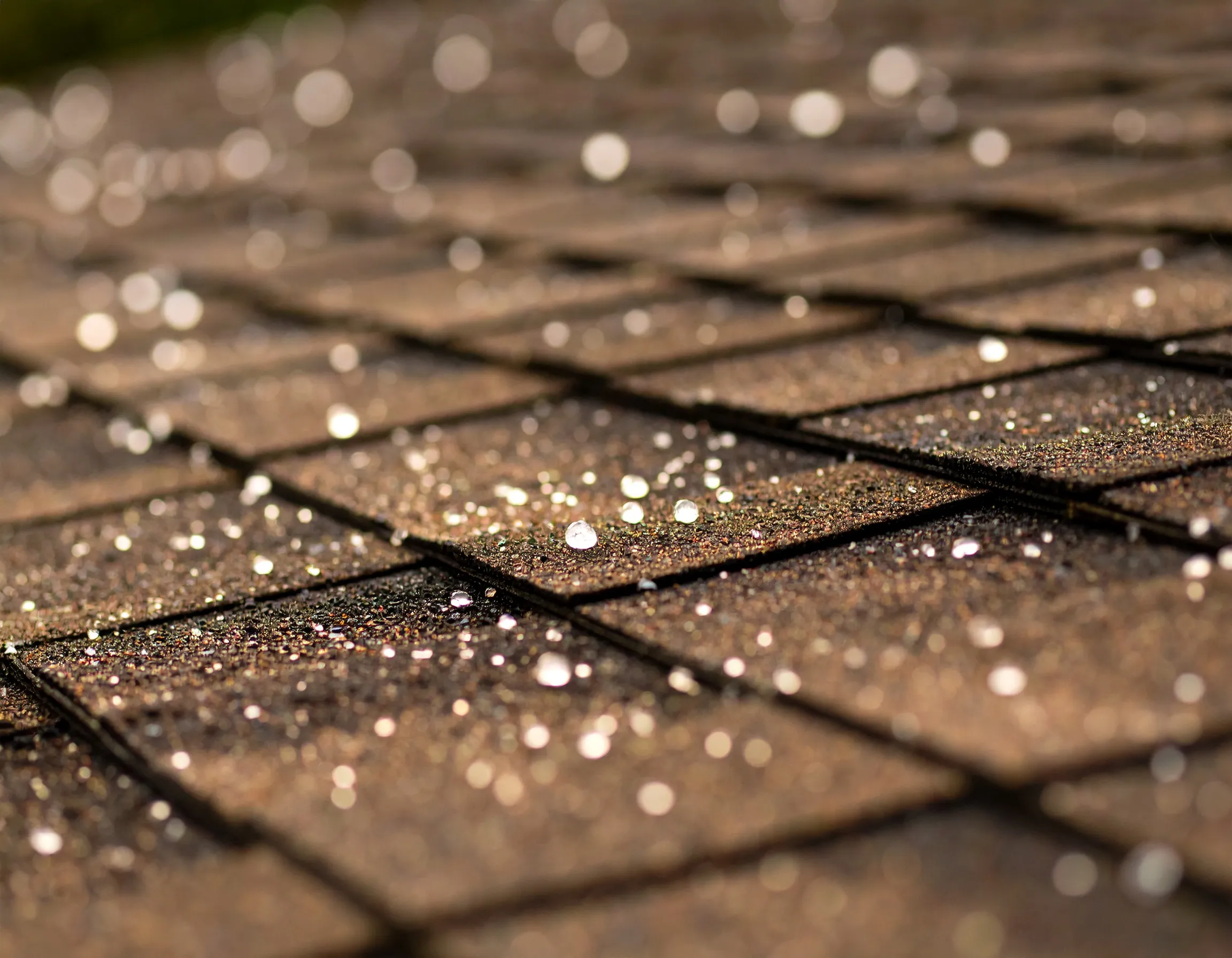 Hail stones scattered across asphalt shingles